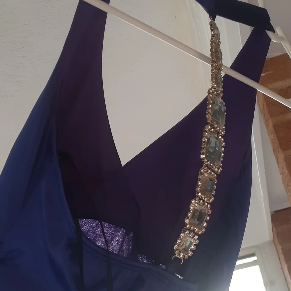 Deb Purple Satin Ruched Halter Mini Dress Rhinestone Back Party Cocktail SIZE S - Picture 4 of 7